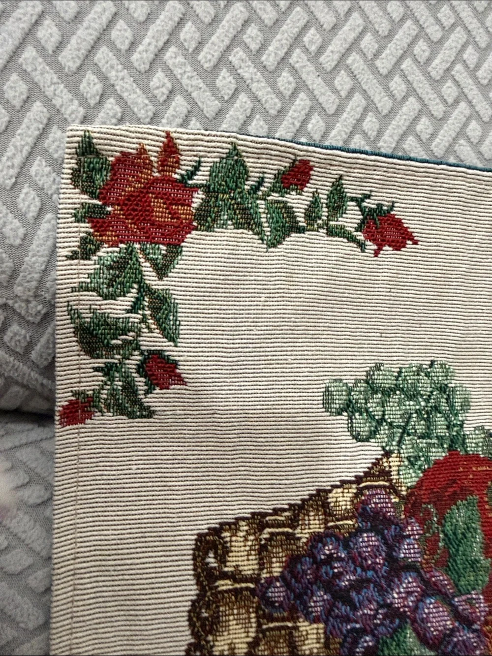 Vintage Tapestry Fruit Basket Embroidered Table Runner and 2 Placemats 70” Long